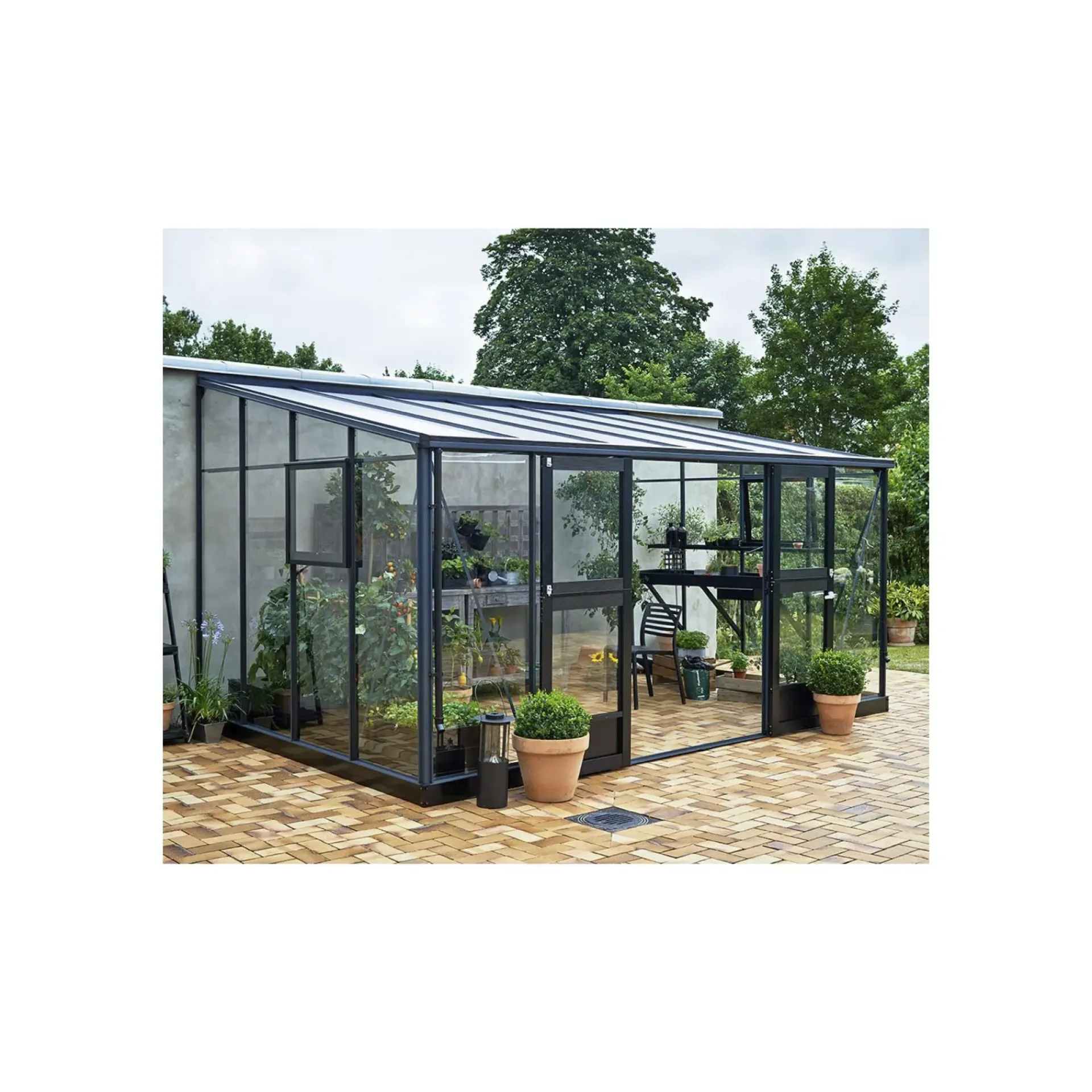 Clearance Juliana VERANDA VÆGDRIVHUS 3MM H. GLAS HELE BANER,10MM POLYTAG ANTRACIT 12,9 M2