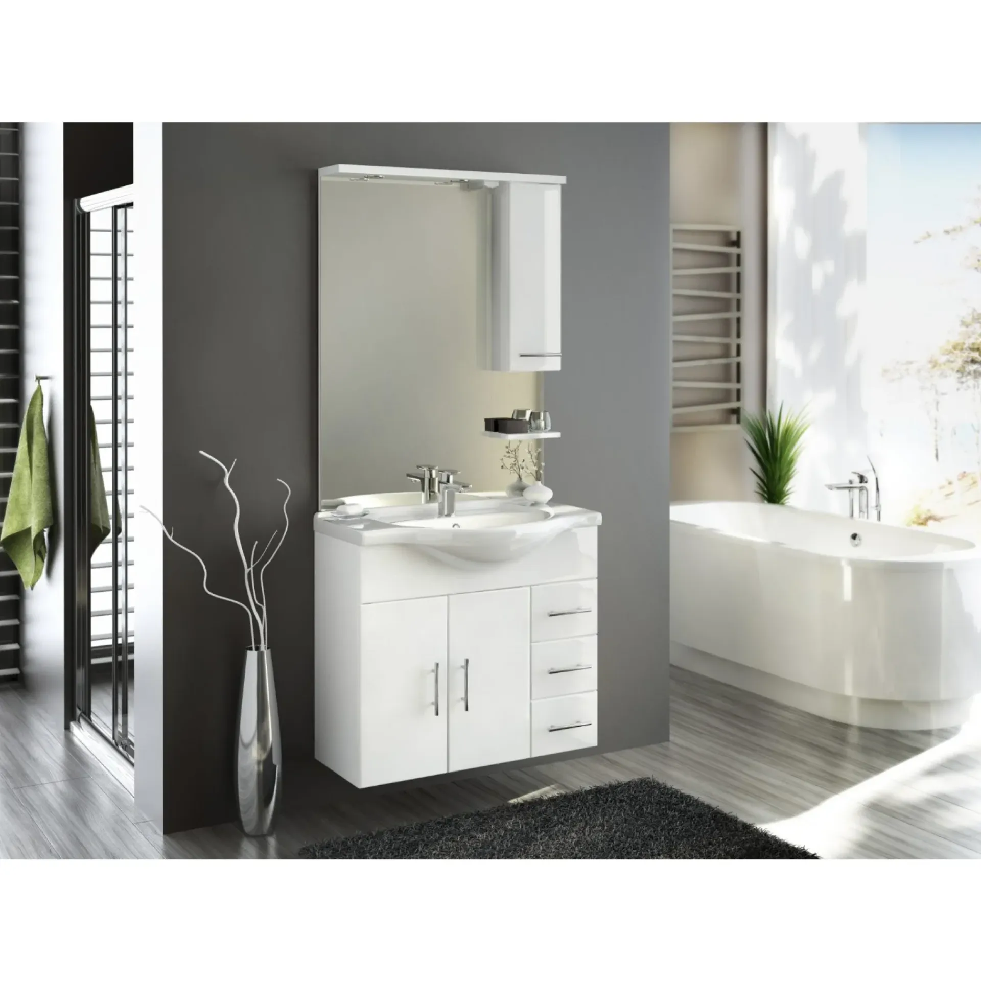 New Milobad LIMONE BADMØBEL HVID HØJGLANS LÅGER OG SKUFFER 86 CM