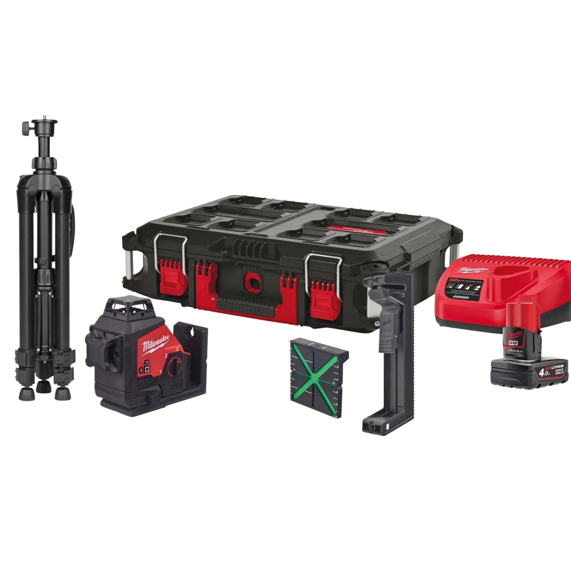 Clearance MILWAUKEE M12 3PLSKIT-401P KRYDSLASER UDEN MÅLPLADE 38 M/ MED MÅLPLADE 100 M