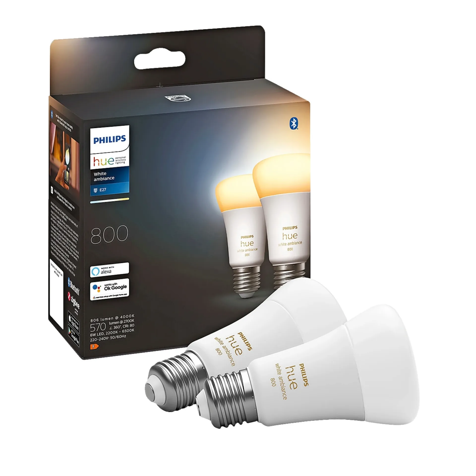 Sale Philips Hue WA 2-PAK SMART LED PÆRE E27 STANDARD 9W