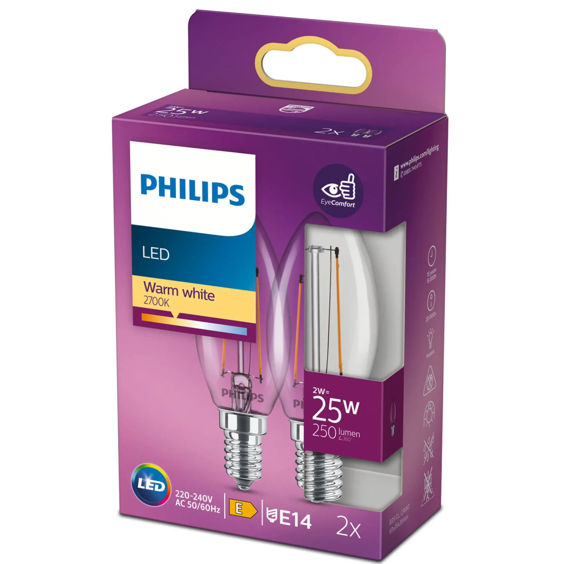 Philips 2-PAK KLAR LED PÆRE KERTE E14 2W