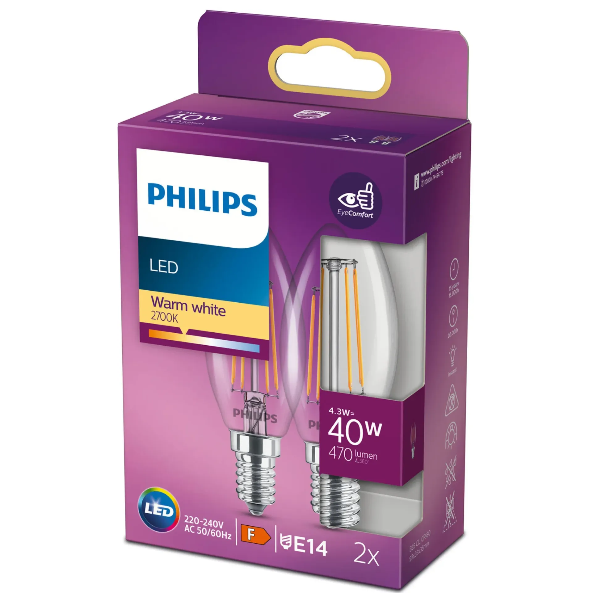 Hot Philips 2-PAK KLAR LED PÆRE KERTE E14 4W