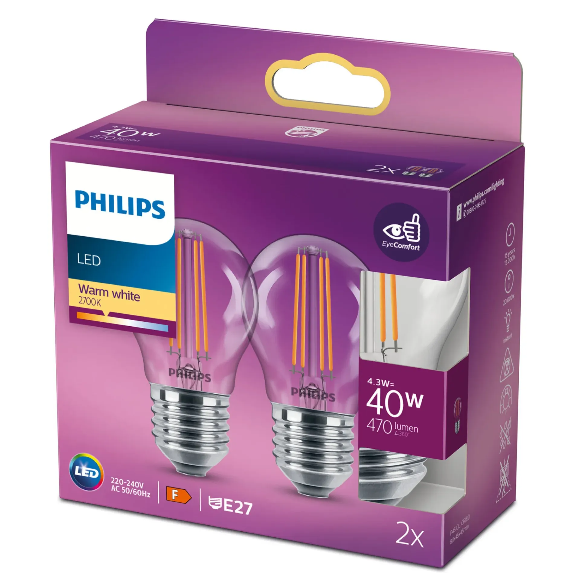 Clearance Philips 2-PAK LED PÆRE KRONE E27 4W