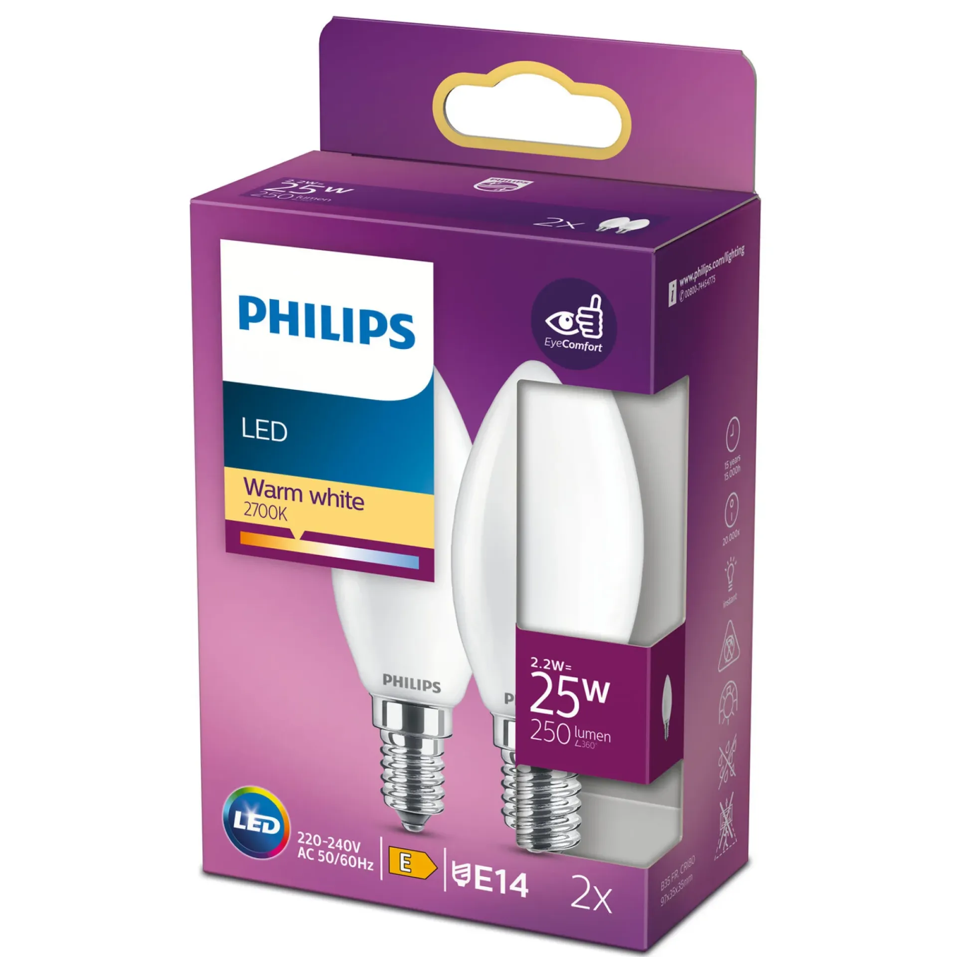 Clearance Philips 2-PAK MAT LED PÆRE KERTE E14 2W
