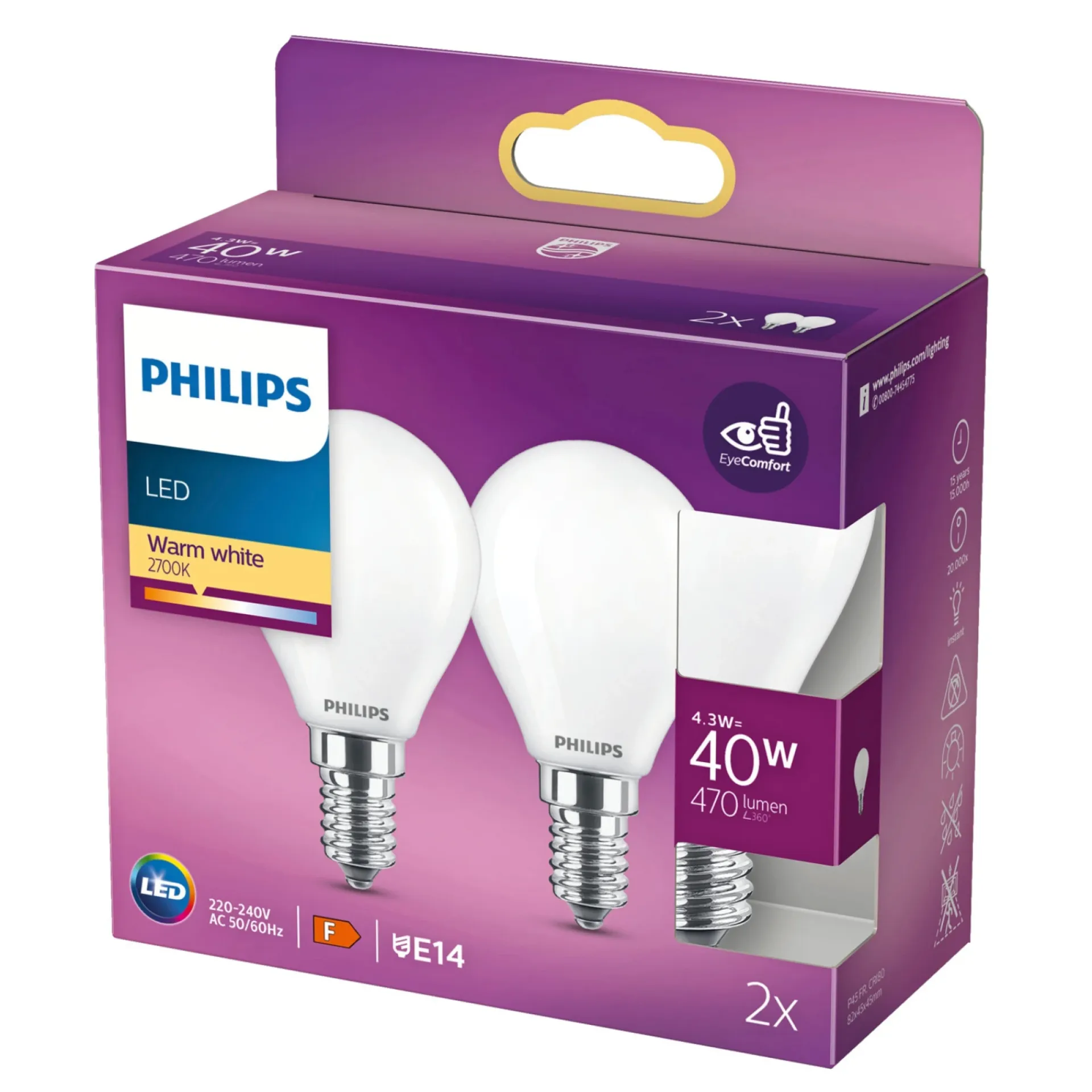 Online Philips 2-PAK MAT LED PÆRE KRONE E14 4W