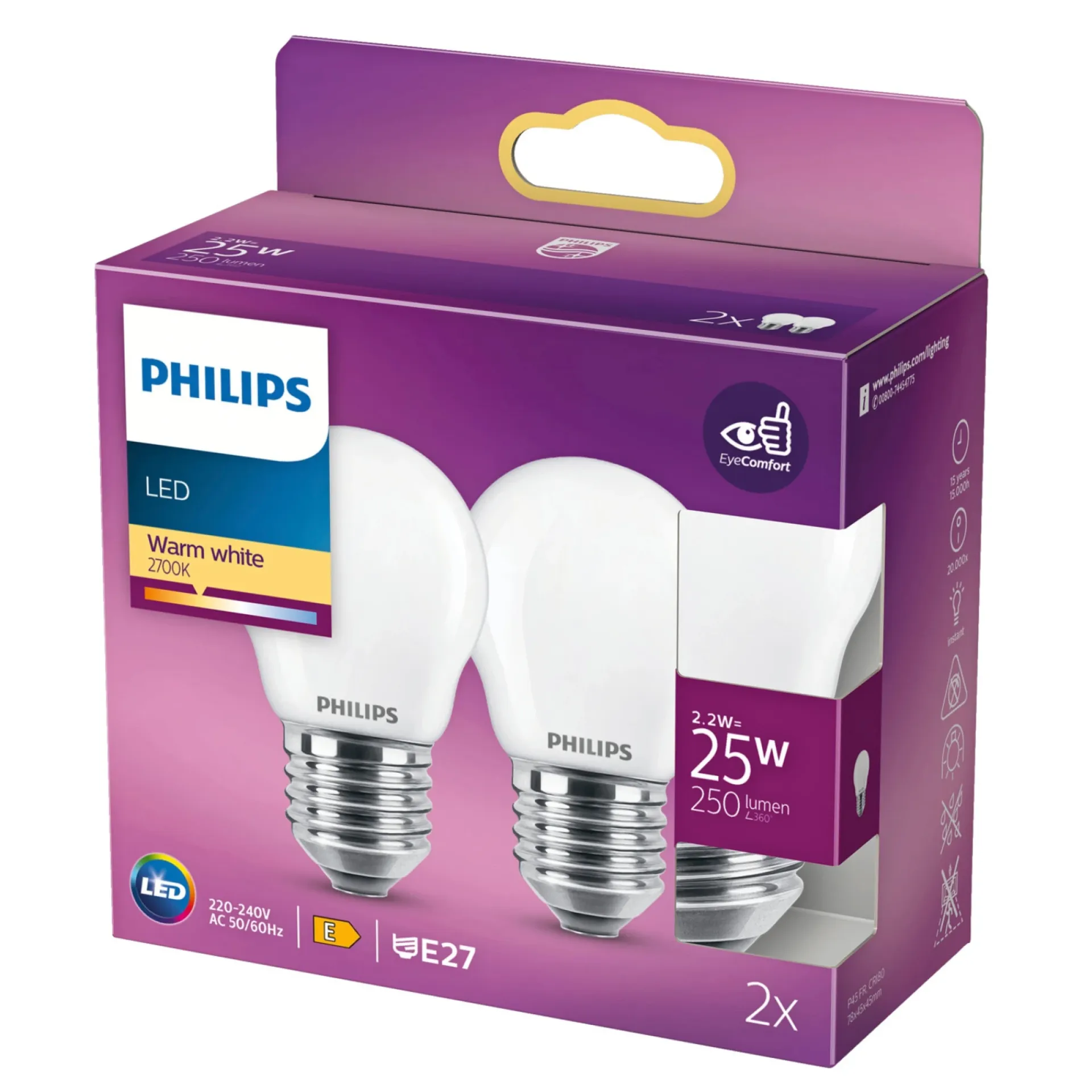 New Philips 2-PAK MAT LED PÆRE KRONE E27 2W