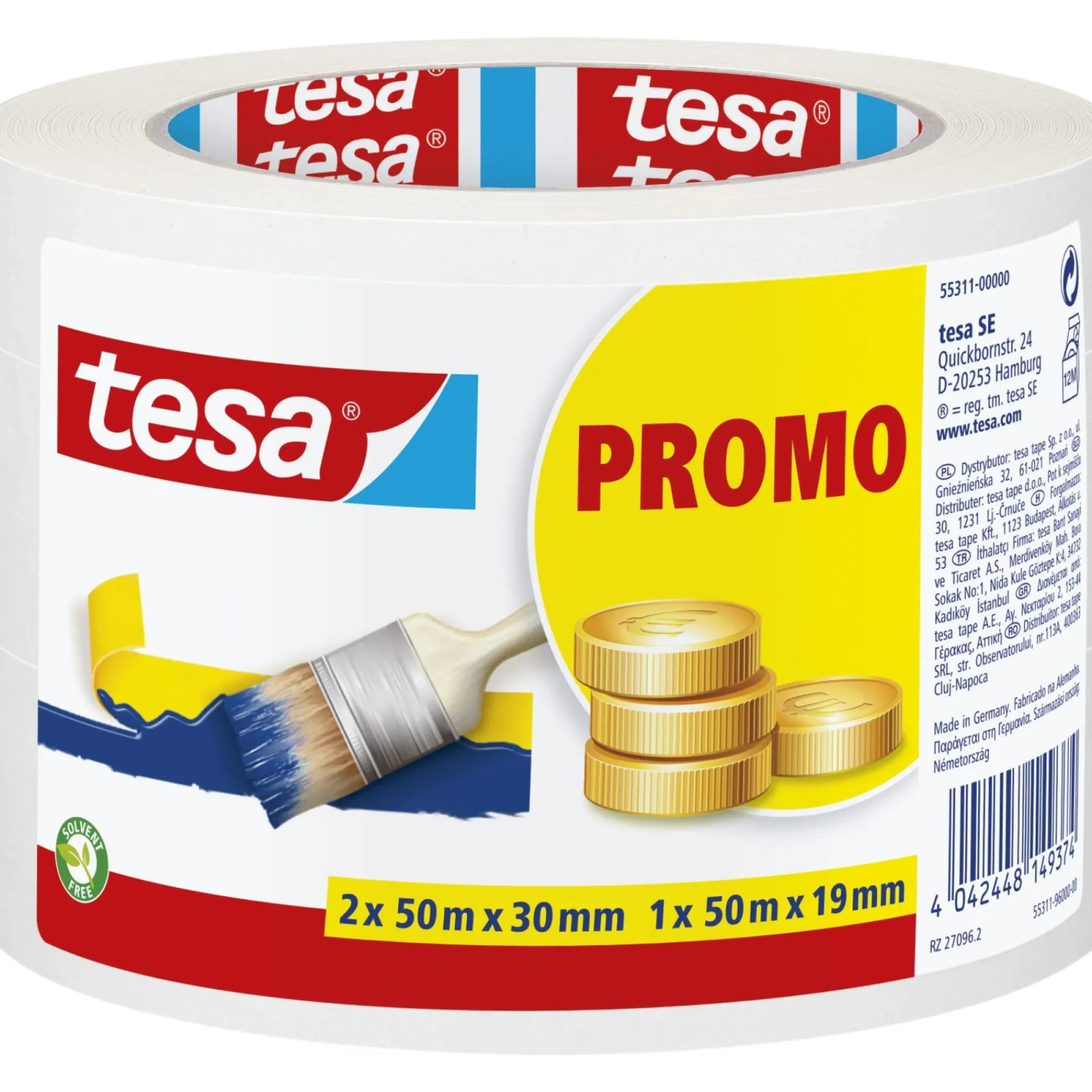 New Tesa BASIC 3-PAK AFDÆKNINGSTAPE 2 X 30 MM OG 1 X 19 MM HVID