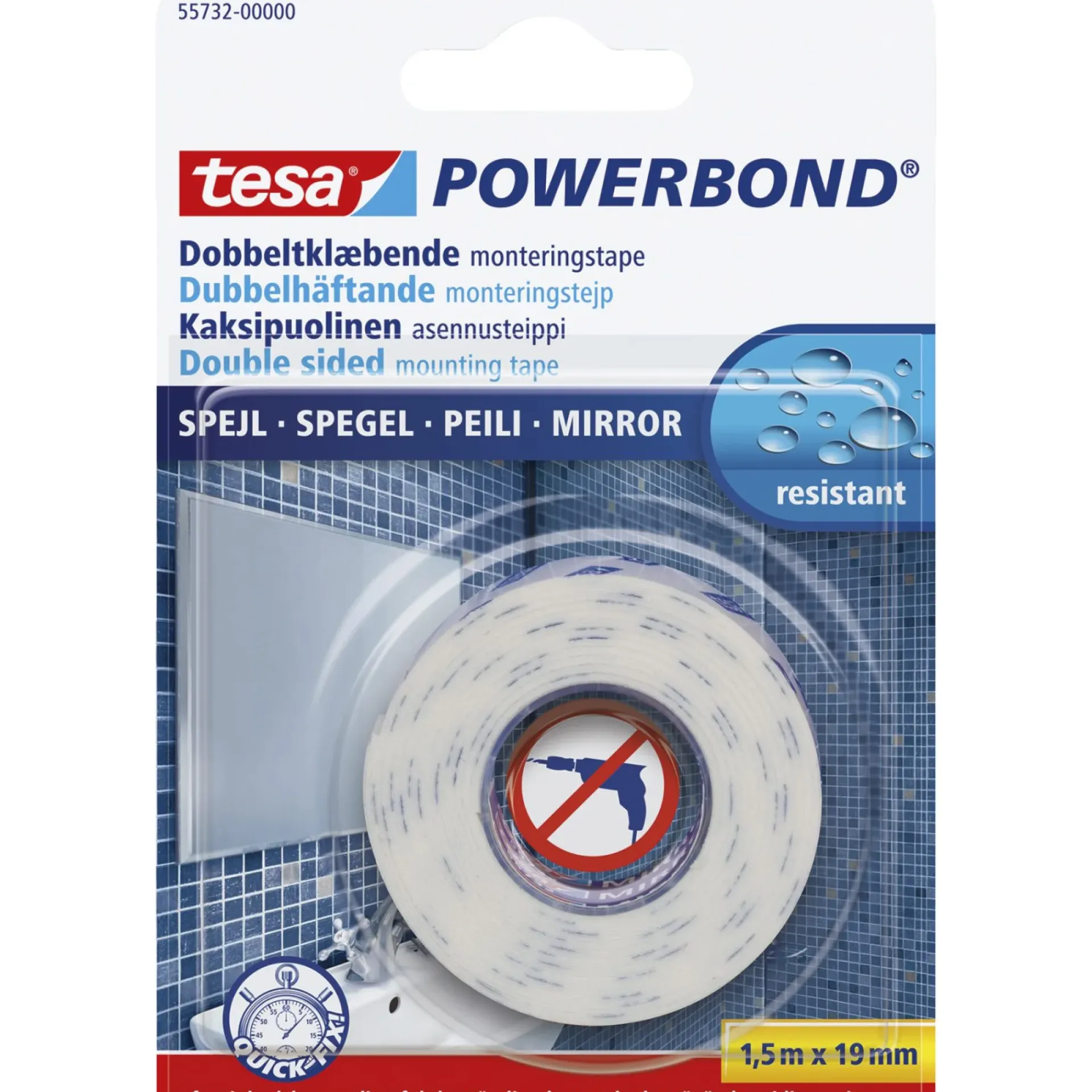 New Tesa POWERBOND DOBBELT KLÆBENDE SPEJLTAPE 1,50 M X 19 MM HVID