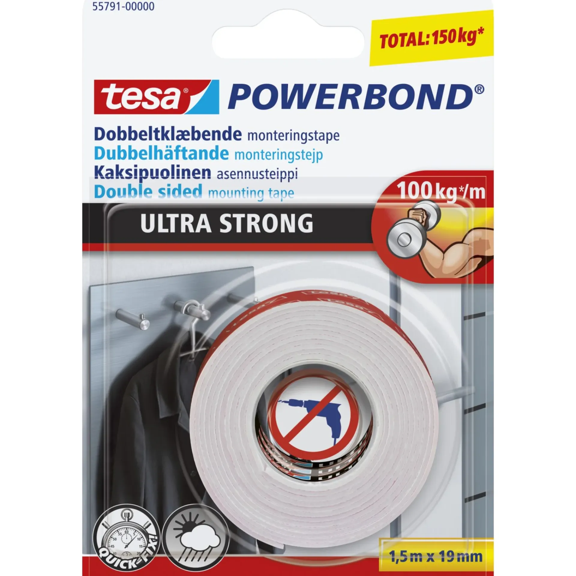 New Tesa POWERBOND ULTRA STRONG DOBBELTKLÆBENDE TAPE 1,50 M X 19 MM HVID